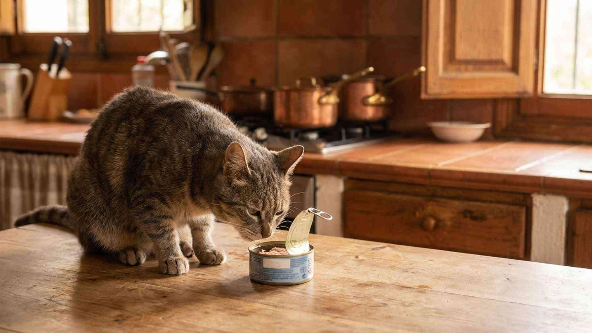 gato oliendo lata con comida para gatos